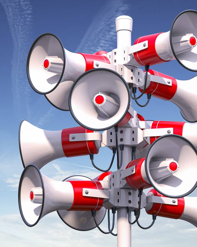 Megaphones and ublic speakers on a pole. Announcement, warning, promotion concept. 3d illustration